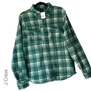 NWT | J CREW FACTORY DOUBLE-KNIT WORK SHIRT GREEN PLAID POCKETS | MEDIUM